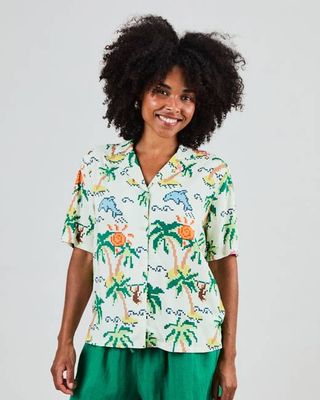 Tropical Pixel Aloha Bluse Ecru