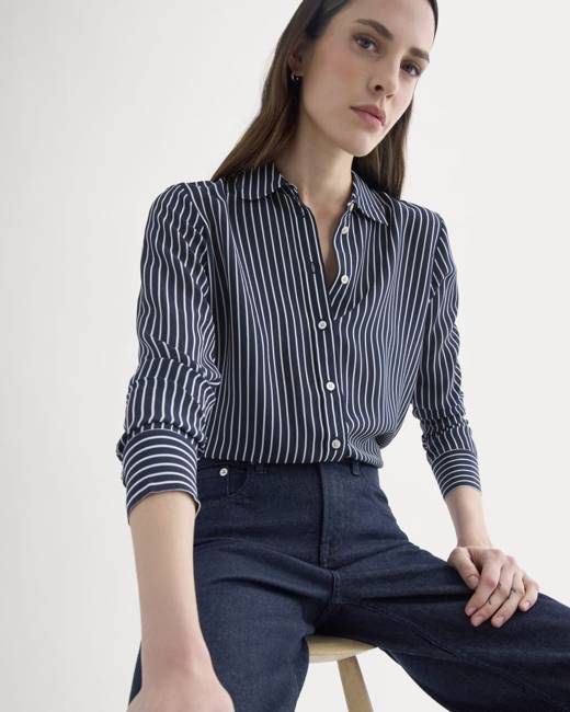 The Must-Have Shirt in Washable Silk | True Navy / Bone Stripe