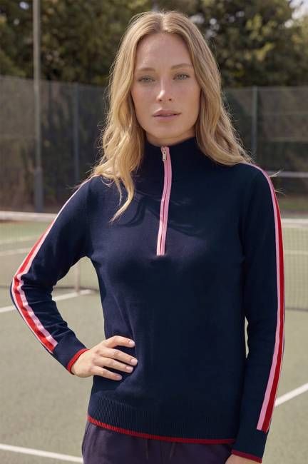 Merino Wool Overarm Stripe Quarter Zip Jumper | Navy/Pink/Red
