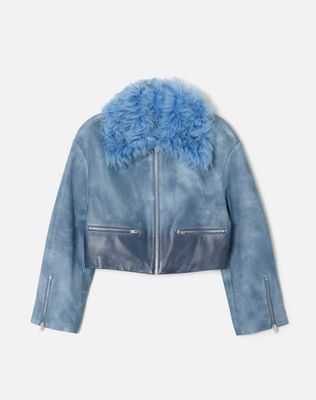 Distressed Aviator Shearling Jacket - Stone Blue