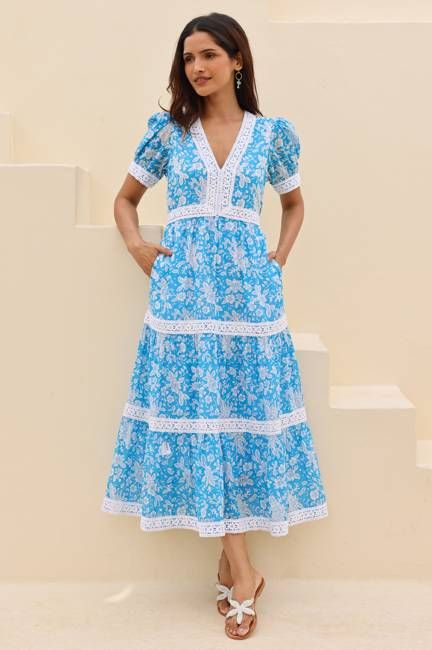 Enny Organic Cotton Short Sleeve Dress | Blue/White