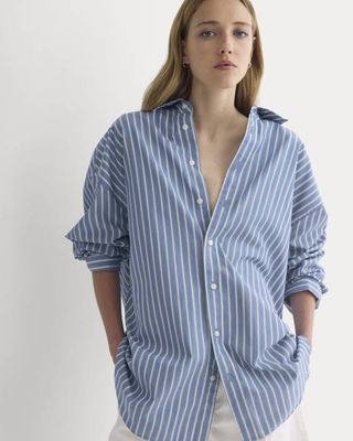 Back-Tie Oversized Shirt in Washed Poplin | Dutch Blue / Bone