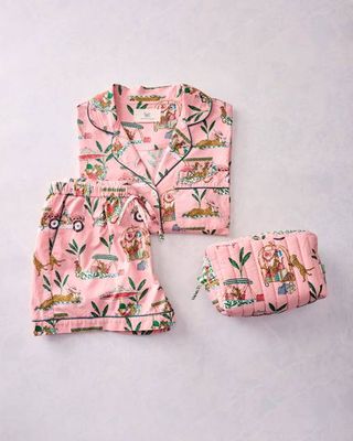 Cabana Cats - Short PJ Set & Quilted Pouch Bundle - Peach Daiquiri