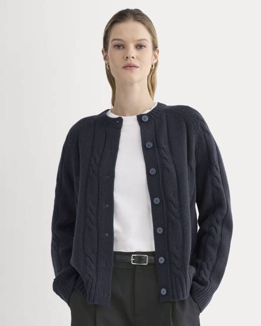 Cable Cardigan in Extrafine Luxe Merino | Navy
