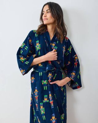 Leopard Nutcrackers - Midweight Flannel Long Robe - Navy