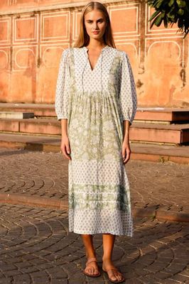Martha Organic Cotton Print Mix Dress | Sage/White